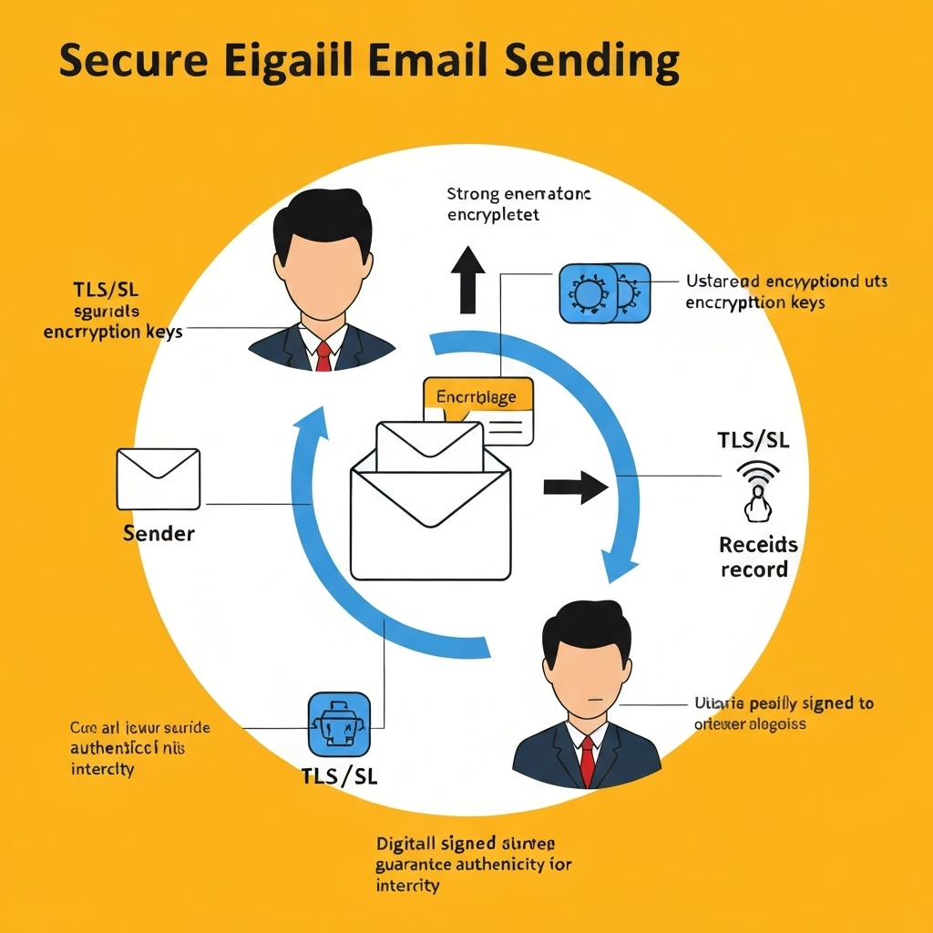 Illustration of secure email sending, showing encrypted data flow for business communication protection.