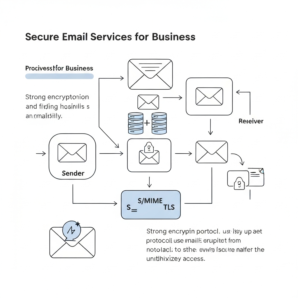 Illustration of secure email services for business, showing encrypted data protection and secure communication.