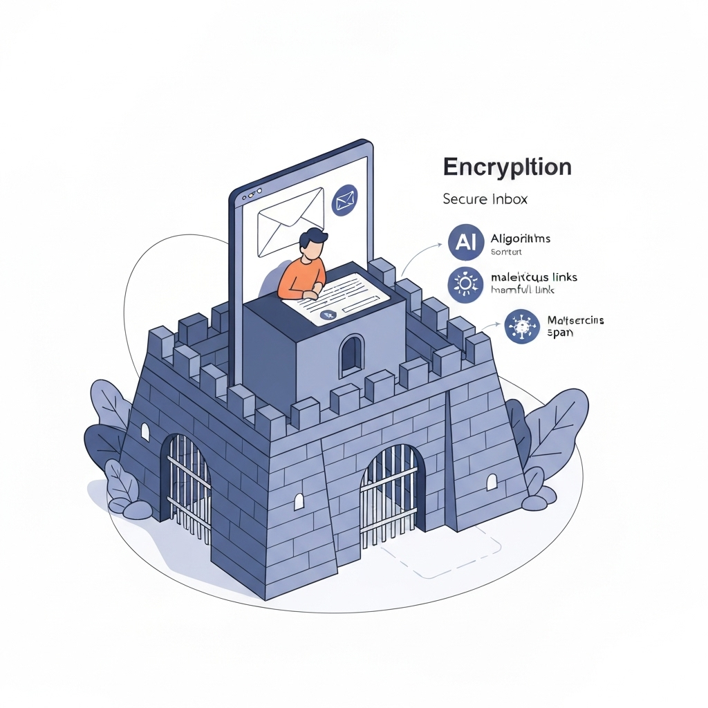 Illustration of a secure inbox with AI email security protecting professional communications.