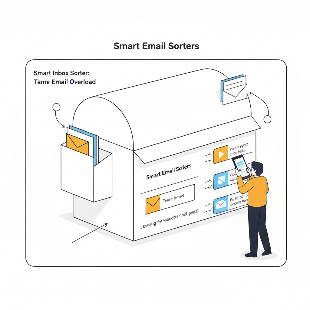 Smart inbox sorter illustration: AI categorizes emails for efficient inbox organization and email triage.