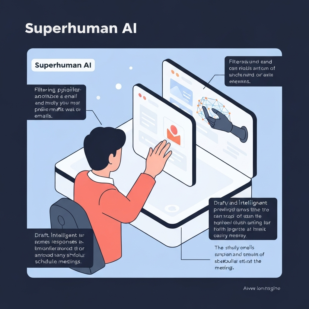 Illustration of superhuman AI managing an email inbox, highlighting smart automation and enhanced productivity.