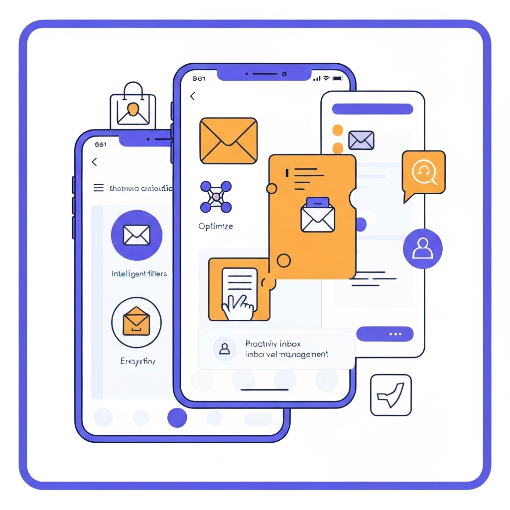 Illustration of Superhuman iOS streamlining email with its key productivity and management features.