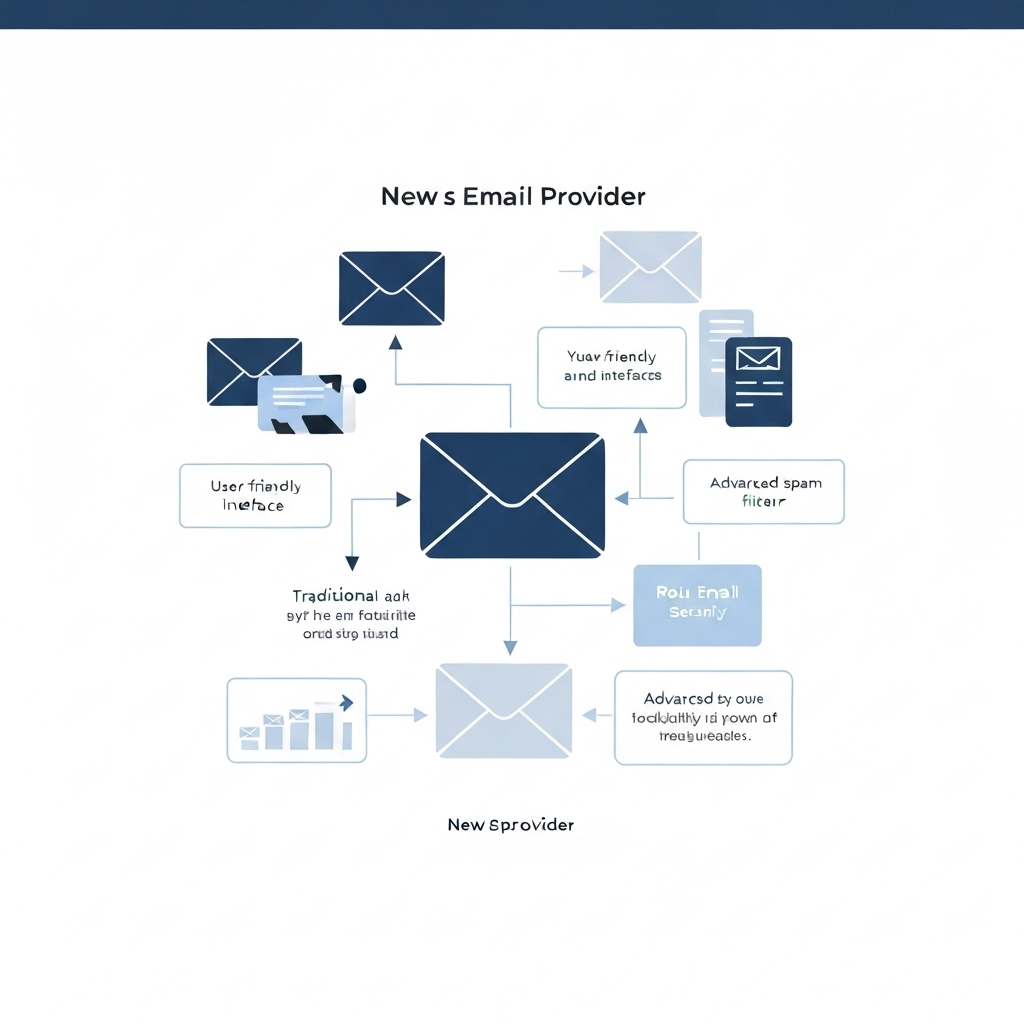 Illustration of new cloud email providers offering AI, security, and efficient inbox management for businesses.