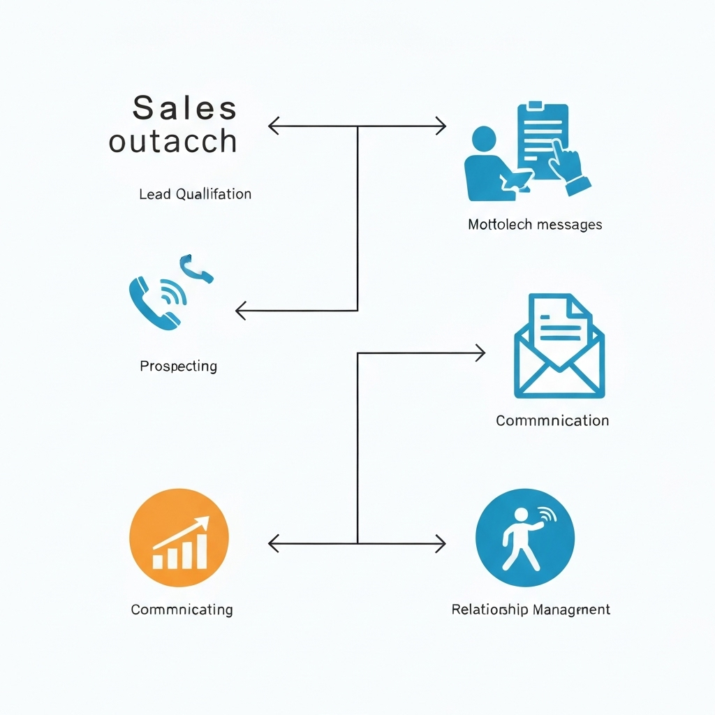 Illustration of sales outreach tools: email automation, prospecting, and CRM integration boosting lead generation.
