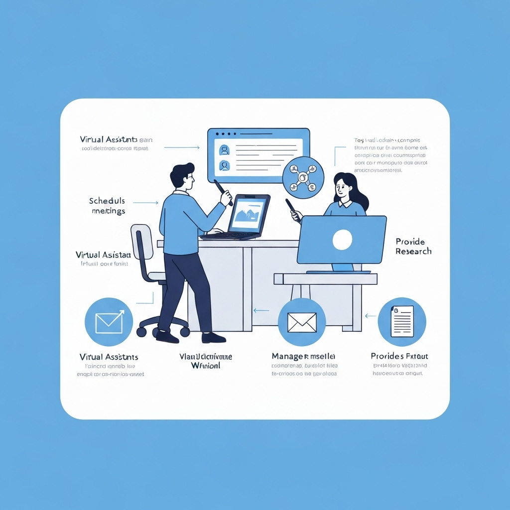 Illustration of virtual assistant companies providing efficient remote administrative support.