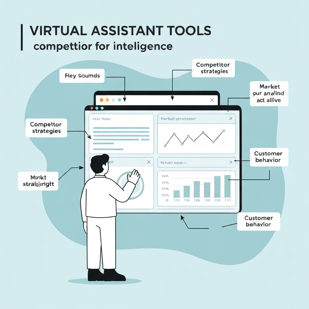 Illustration showing virtual assistant tools enhancing competitor intelligence analysis.