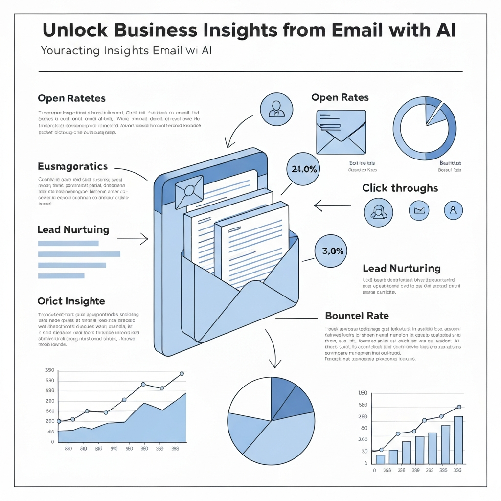 AI extracting business insights from email. Illustration shows data analysis and AI management.