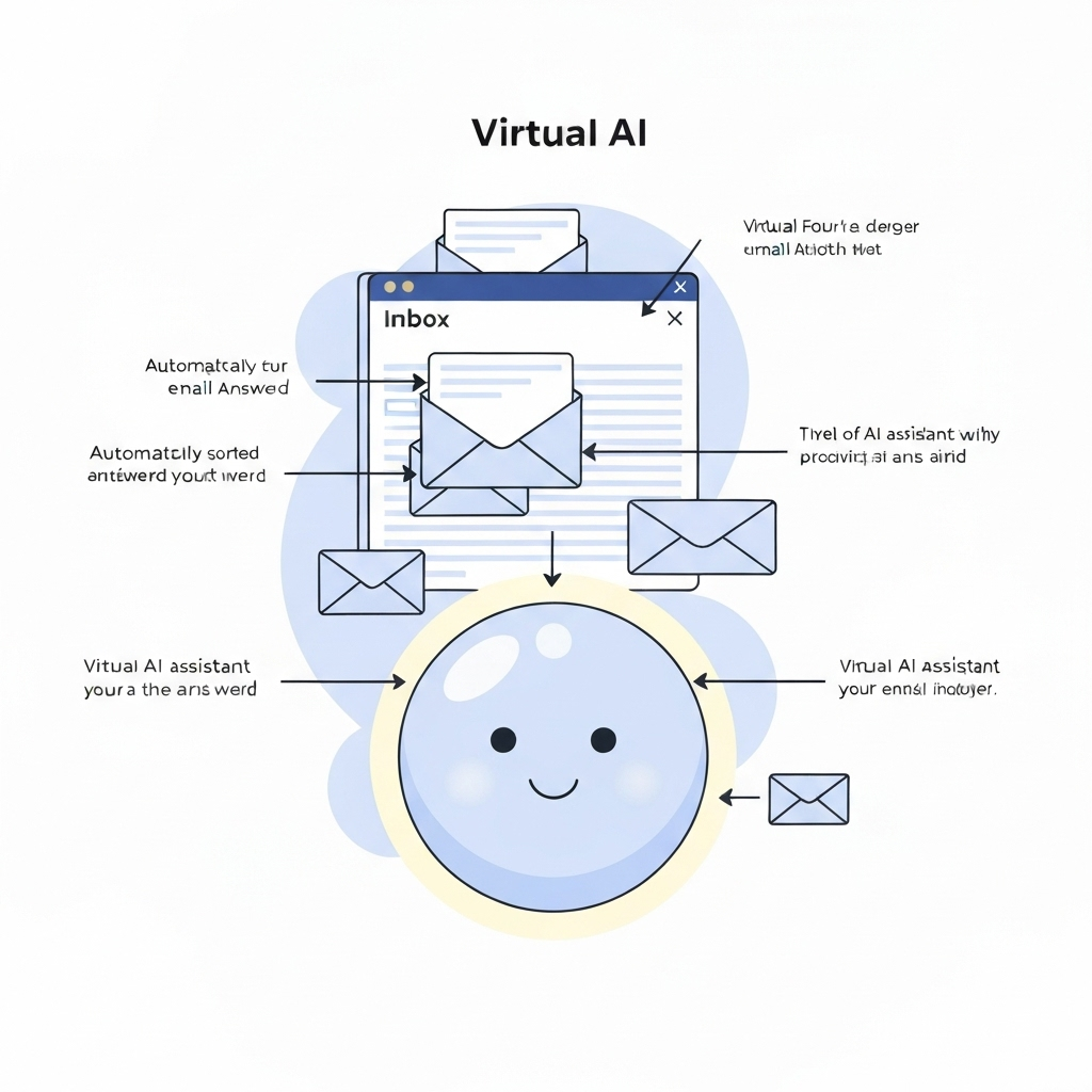 Illustration of virtual AI organizing emails and boosting productivity for efficient management.