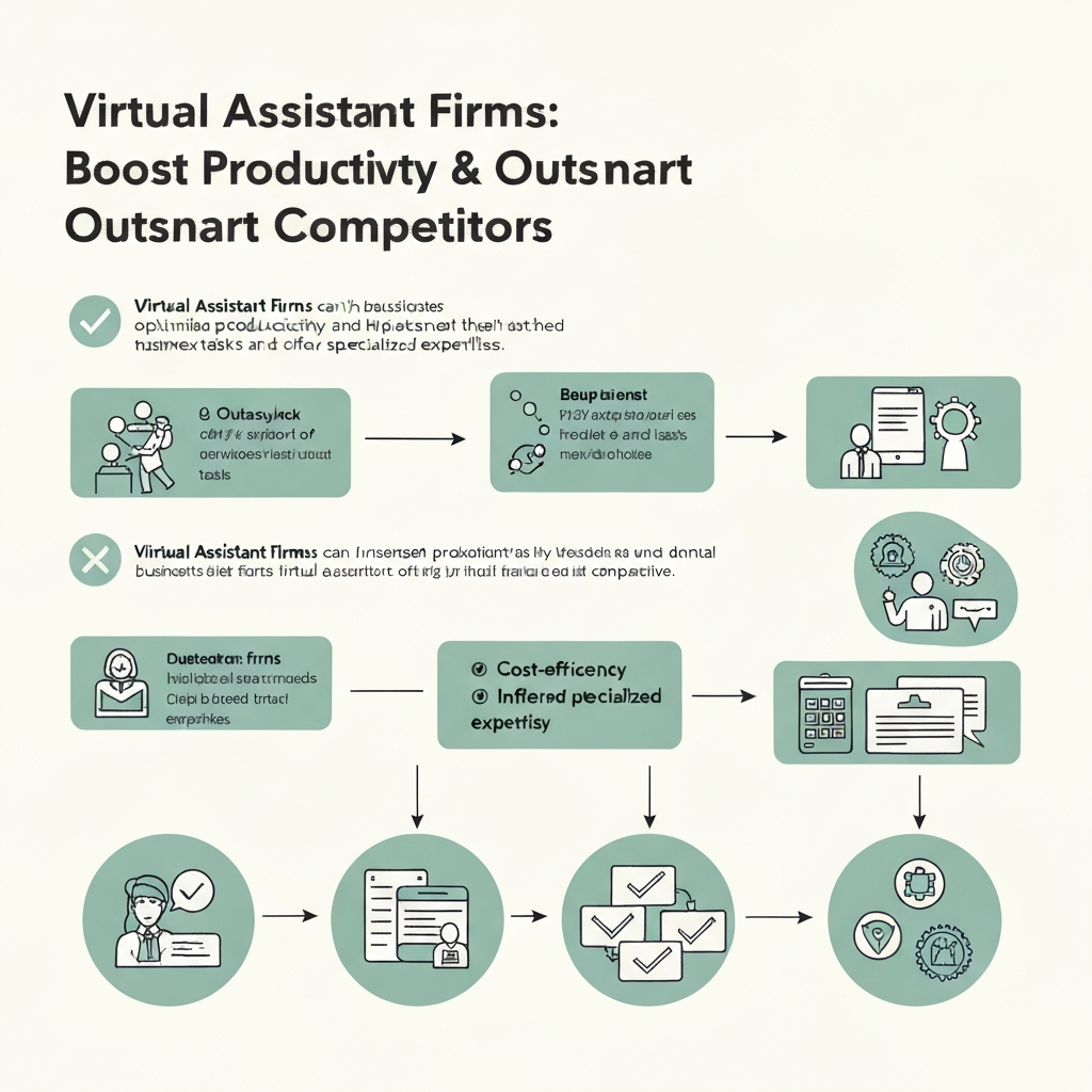 Illustration showing virtual assistant firms boosting business productivity and streamlining operations.
