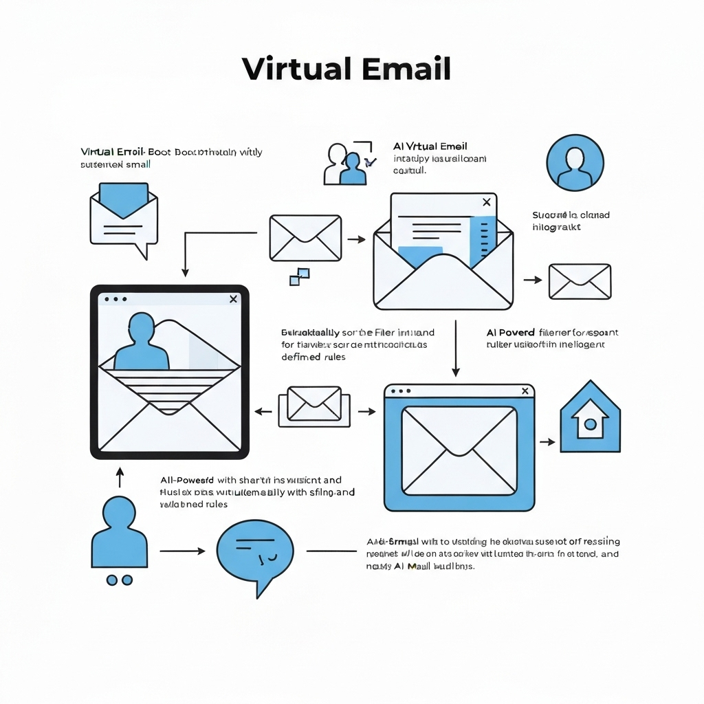 Illustration of virtual email concepts: AI managing inbox for enhanced productivity and organization.