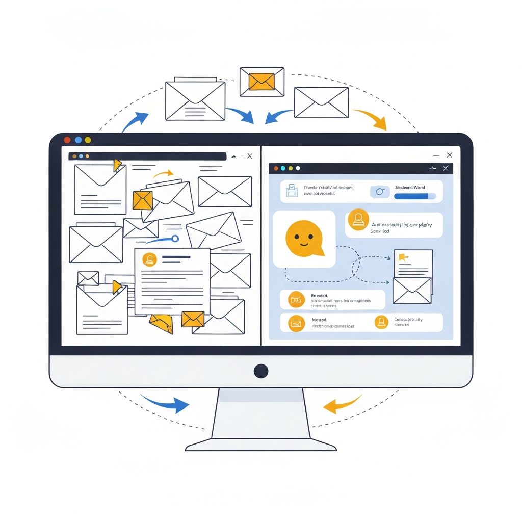 Illustration of a virtual office assistant automating email tasks for inbox organization.