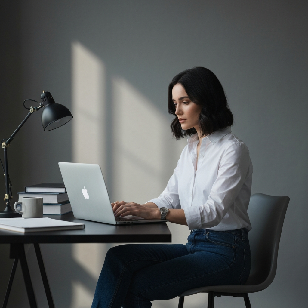 Professional graphic of an online assistant managing a digital inbox, boosting email productivity.